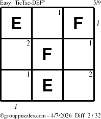 The grouppuzzles.com Easy TicTac-DEF puzzle for Tuesday April 7, 2026, suitable for printing, with all 2 steps marked