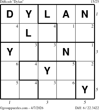 The grouppuzzles.com Difficult Dylan puzzle for Tuesday April 7, 2026, suitable for printing, with all 6 steps marked