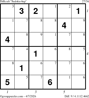 The grouppuzzles.com Difficult Sudoku-6up puzzle for Tuesday April 7, 2026 with all 9 steps marked