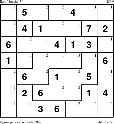 The grouppuzzles.com Easy Sudoku-7 puzzle for Tuesday April 7, 2026 with the first 3 steps marked