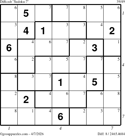 The grouppuzzles.com Difficult Sudoku-7 puzzle for Tuesday April 7, 2026 with all 8 steps marked