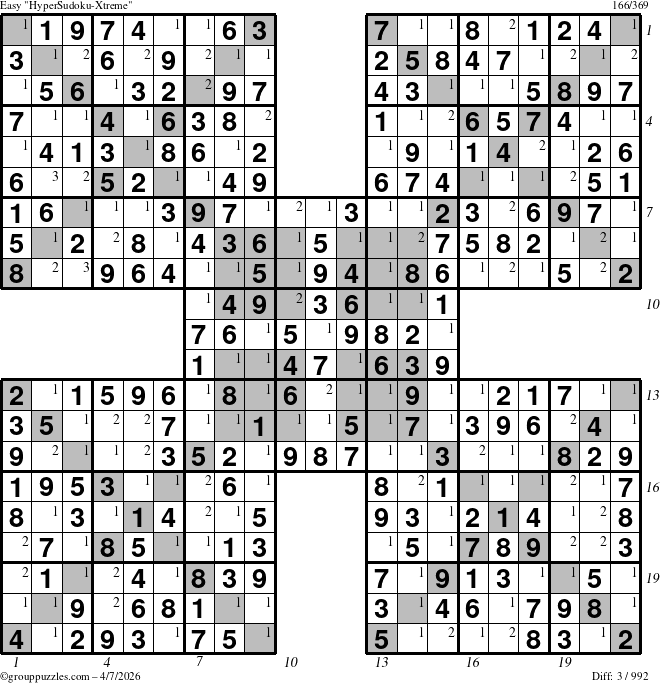 The grouppuzzles.com Easy HyperSudoku-Xtreme puzzle for Tuesday April 7, 2026, suitable for printing, with all 3 steps marked