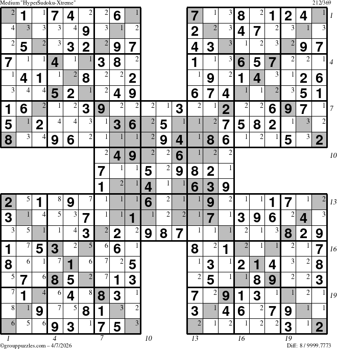 The grouppuzzles.com Medium HyperSudoku-Xtreme puzzle for Tuesday April 7, 2026, suitable for printing, with all 8 steps marked