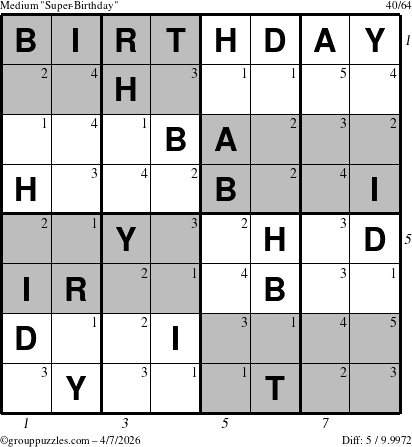 The grouppuzzles.com Medium Super-Birthday puzzle for Tuesday April 7, 2026, suitable for printing, with all 5 steps marked