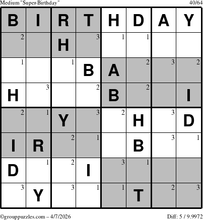 The grouppuzzles.com Medium Super-Birthday puzzle for Tuesday April 7, 2026 with the first 3 steps marked