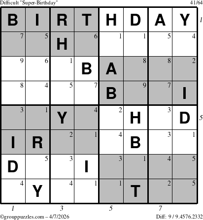 The grouppuzzles.com Difficult Super-Birthday puzzle for Tuesday April 7, 2026 with all 9 steps marked