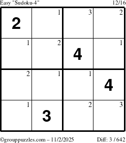 The grouppuzzles.com Easy Sudoku-4 puzzle for Sunday November 2, 2025 with the first 3 steps marked