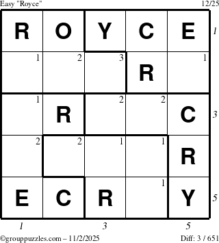 The grouppuzzles.com Easy Royce puzzle for Sunday November 2, 2025, suitable for printing, with all 3 steps marked