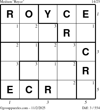 The grouppuzzles.com Medium Royce puzzle for Sunday November 2, 2025 with all 3 steps marked
