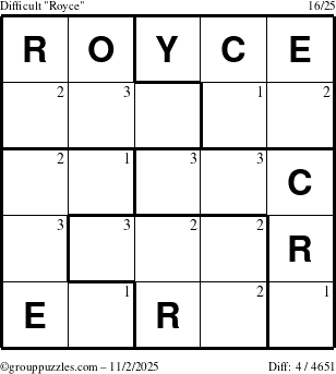 The grouppuzzles.com Difficult Royce puzzle for Sunday November 2, 2025 with the first 3 steps marked
