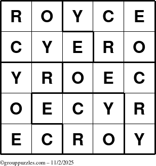 The grouppuzzles.com Answer grid for the Royce puzzle for Sunday November 2, 2025
