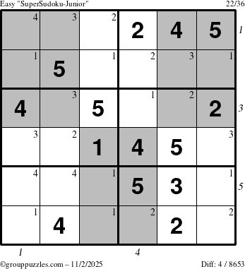 The grouppuzzles.com Easy SuperSudoku-Junior puzzle for Sunday November 2, 2025, suitable for printing, with all 4 steps marked