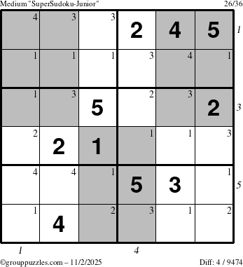 The grouppuzzles.com Medium SuperSudoku-Junior puzzle for Sunday November 2, 2025, suitable for printing, with all 4 steps marked