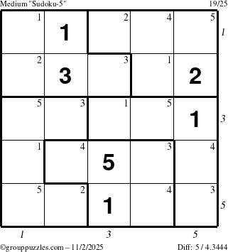 The grouppuzzles.com Medium Sudoku-5 puzzle for Sunday November 2, 2025, suitable for printing, with all 5 steps marked
