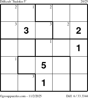 The grouppuzzles.com Difficult Sudoku-5 puzzle for Sunday November 2, 2025 with the first 3 steps marked