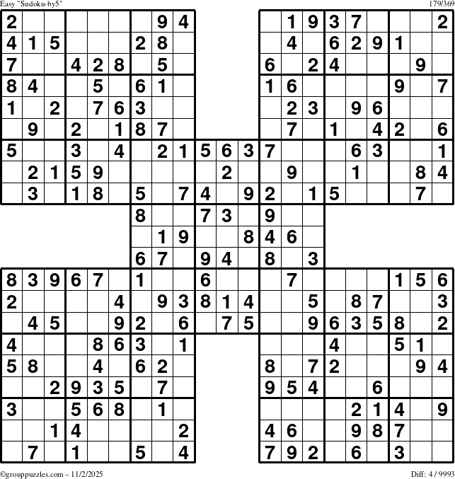 The grouppuzzles.com Easy Sudoku-by5 puzzle for Sunday November 2, 2025