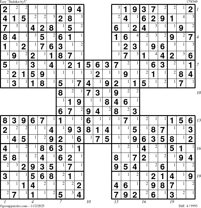 The grouppuzzles.com Easy Sudoku-by5 puzzle for Sunday November 2, 2025, suitable for printing, with all 4 steps marked