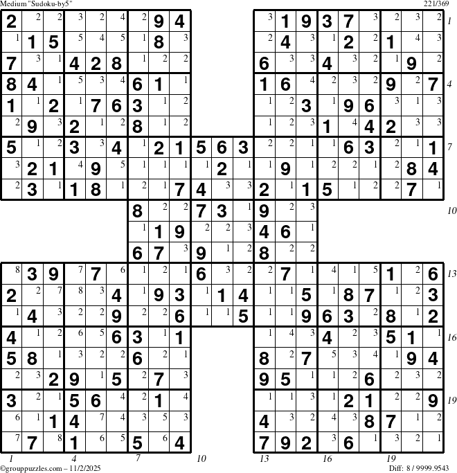 The grouppuzzles.com Medium Sudoku-by5 puzzle for Sunday November 2, 2025, suitable for printing, with all 8 steps marked