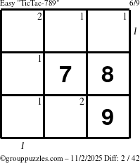 The grouppuzzles.com Easy TicTac-789 puzzle for Sunday November 2, 2025 with all 2 steps marked