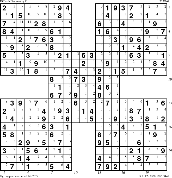 The grouppuzzles.com Difficult Sudoku-by5 puzzle for Sunday November 2, 2025, suitable for printing, with all 12 steps marked