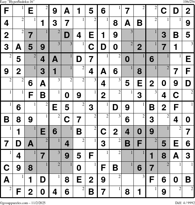 The grouppuzzles.com Easy HyperSudoku-16 puzzle for Sunday November 2, 2025 with the first 3 steps marked