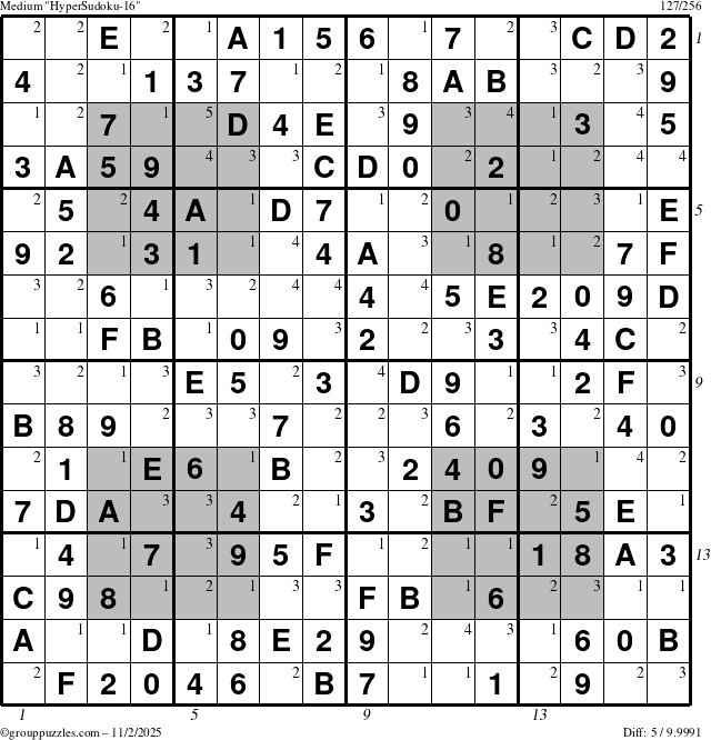 The grouppuzzles.com Medium HyperSudoku-16 puzzle for Sunday November 2, 2025 with all 5 steps marked