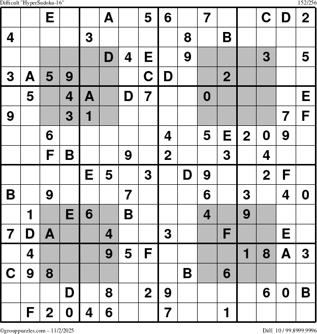 The grouppuzzles.com Difficult HyperSudoku-16 puzzle for Sunday November 2, 2025