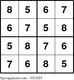 The grouppuzzles.com Answer grid for the Sudoku-4-5678 puzzle for Monday May 5, 2025