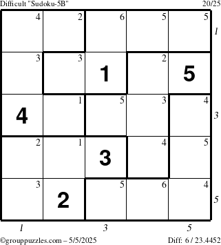 The grouppuzzles.com Difficult Sudoku-5B puzzle for Monday May 5, 2025, suitable for printing, with all 6 steps marked