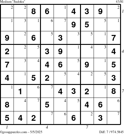 The grouppuzzles.com Medium Sudoku puzzle for Monday May 5, 2025 with all 7 steps marked