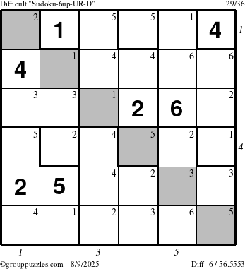 The grouppuzzles.com Difficult Sudoku-6up-UR-D puzzle for Saturday August 9, 2025 with all 6 steps marked