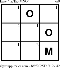 The grouppuzzles.com Easy TicTac-MNO puzzle for Saturday August 9, 2025 with the first 2 steps marked