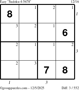 The grouppuzzles.com Easy Sudoku-4-5678 puzzle for Friday December 5, 2025, suitable for printing, with all 3 steps marked