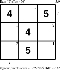 The grouppuzzles.com Easy TicTac-456 puzzle for Friday December 5, 2025 with all 2 steps marked