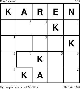 The grouppuzzles.com Easy Karen puzzle for Friday December 5, 2025 with the first 3 steps marked