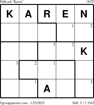 The grouppuzzles.com Difficult Karen puzzle for Friday December 5, 2025 with the first 3 steps marked