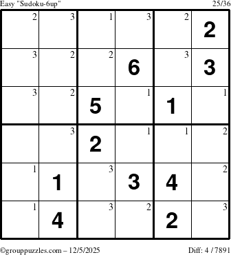 The grouppuzzles.com Easy Sudoku-6up puzzle for Friday December 5, 2025 with the first 3 steps marked