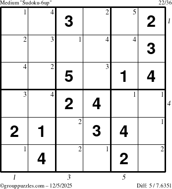 The grouppuzzles.com Medium Sudoku-6up puzzle for Friday December 5, 2025 with all 5 steps marked