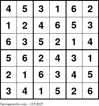 The grouppuzzles.com Answer grid for the Sudoku-6up puzzle for Friday December 5, 2025