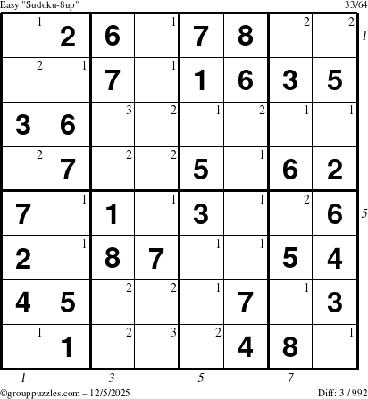 The grouppuzzles.com Easy Sudoku-8up puzzle for Friday December 5, 2025, suitable for printing, with all 3 steps marked