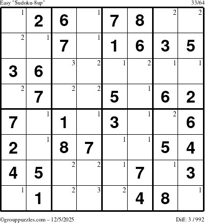The grouppuzzles.com Easy Sudoku-8up puzzle for Friday December 5, 2025 with the first 3 steps marked