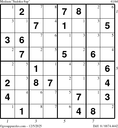 The grouppuzzles.com Medium Sudoku-8up puzzle for Friday December 5, 2025, suitable for printing, with all 8 steps marked