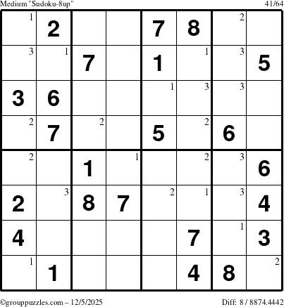 The grouppuzzles.com Medium Sudoku-8up puzzle for Friday December 5, 2025 with the first 3 steps marked