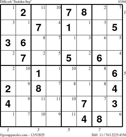 The grouppuzzles.com Difficult Sudoku-8up puzzle for Friday December 5, 2025, suitable for printing, with all 11 steps marked