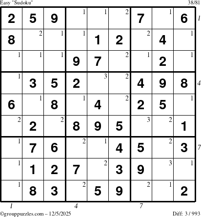 The grouppuzzles.com Easy Sudoku puzzle for Friday December 5, 2025 with all 3 steps marked