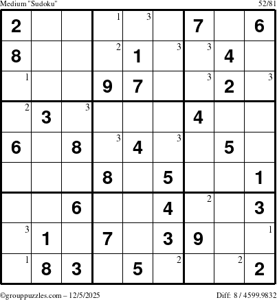 The grouppuzzles.com Medium Sudoku puzzle for Friday December 5, 2025 with the first 3 steps marked