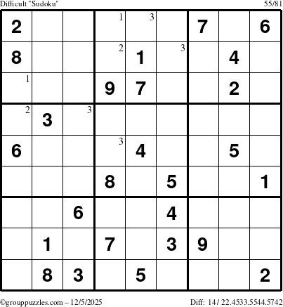 The grouppuzzles.com Difficult Sudoku puzzle for Friday December 5, 2025 with the first 3 steps marked