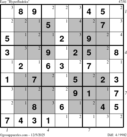 The grouppuzzles.com Easy HyperSudoku puzzle for Friday December 5, 2025 with all 4 steps marked