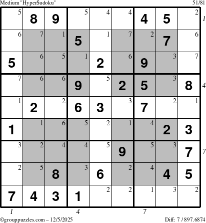 The grouppuzzles.com Medium HyperSudoku puzzle for Friday December 5, 2025 with all 7 steps marked