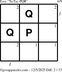 The grouppuzzles.com Easy TicTac-PQR puzzle for Friday December 5, 2025, suitable for printing, with all 2 steps marked